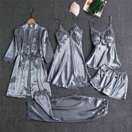 Sleepwear Female 5PCS Pyjamas Set Satin Pyjamamas Lace Patchwork Bridal Wedding Nightwear Rayon Home Wear Nighty&Robe Suit 210831294I