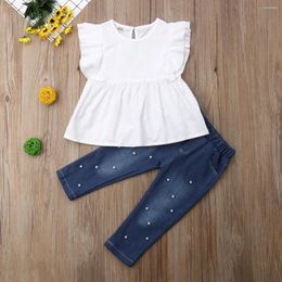 Clothing Sets Toddler Kids Baby Girl Clothes Sleeveless Solid Colour Ruffle Tops Pearl Denim Pants Fashion Children Outfits Summer