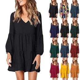 Casual Dresses Women's Fashion V-Neck Loose Ruffle Pleated Swing Solid Colour Chiffon Youthful Elegant Dress Vestido Feminino