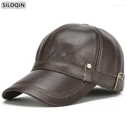 Ball Caps SILOQIN Snapback Cap Genuine Leather Hat Men's Cowhide Baseball Adjustable Size Men Brand 2024 Earmuffs