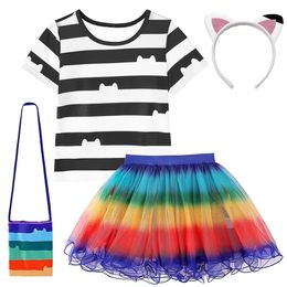 Summer Girls Clothes Set Kids Birthday Party Gabbys Dollhouse Cats Striped TopRainbow Tutu Dress Outfit Children Clothing Suit 240131