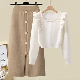 Work Dresses Women's French Spring Autumn Suit Fashion Elegant Pearl Ruffle Beaded Sweater Top Knitted Shirt Split Half Skirt Two Piece Sets