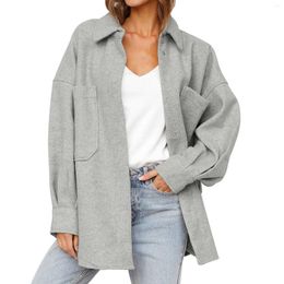 Women's Jackets Women Loose Pocket Shirt Woollen Coat Long Sleeve Korean Style Mid Leng Slim Toptemperament Lapel Coats Jaqueta Winter Outer