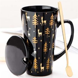 Creative Black White Mug Set Couple Cup with Lid Spoon Personality Milk Juice Coffee Tea Water Cups Easy Carry Travle Home Mug T20246G