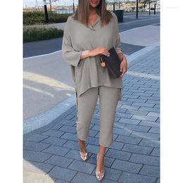 Women's Two Piece Pants 2024 Spring Summer Solid Colour Cotton Linen Casual Elastic Waist Shirt Cropped Two-Piece Set