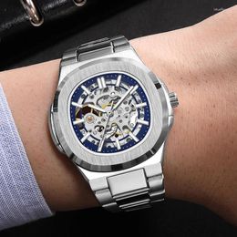 Wristwatches Skeleton Hollow Men Automatic Mechanical Watch Steampunk Sliver Stainless Steel Waterproof Wrist Watches Male Mechanism Clock