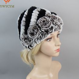 Women Winter Hats Real Fur Floral Natural Rex Rabbit Fluffy Warm Fashion Russian Knitted Outdoor Warm Headwear Real Fur Beanies 240131