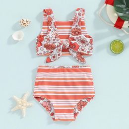 Clothing Sets Baby Kids Girl Two Pieces Swimsuits Summer Striped Floral Print Knotted Tankini And Elastic Shorts Set Bikini Bathing Suits