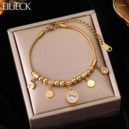 Charm Bracelets EILIECK 316L Stainless Steel Round Roman Numerals White Zircon Bracelet For Women Trend Girl Wrist Jewellery Gift Party