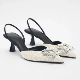 Chic Medium White TRAF 376 Heels Pumps Women Elegant Pointed Toe Sandals Summer Rhinestone Slingbacks Ladies Party Office Stiletto 240125 712