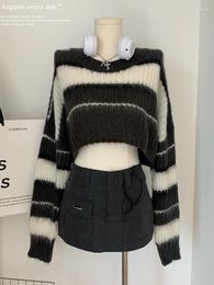 Women's Sweaters Y2K Cropped Black Sweater Korean Style Women Striped Jumper Vintage Female 2024 Autumn Long Sleeve Crewneck Pullovers Tops