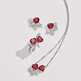 Necklace Earrings Set Cute Exquisite Simulation Ruby Red Corundum Love Heart-shaped Pendant Necklaces Rings