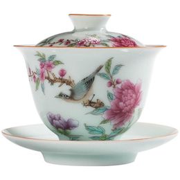 Big Bird Tea Bowl with Saucer Lid Kit Art Garden Pastrol Ceramic Porcelain Flower Master Tea Tureen Drinkware Gift Home Decor Craf229f