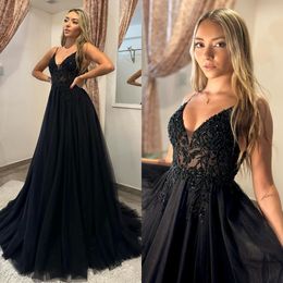 Illusion klänningslinje en sexig svart prom pärlkväll eleganta remmar tyllfestklänningar för speciella OCNS promdress es klänning