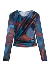 Women's Blouses YENKYE Women Vintage Printed Tulle Wrap Blouse O Neck Long Sleeve Ruched Sexy Crop Top