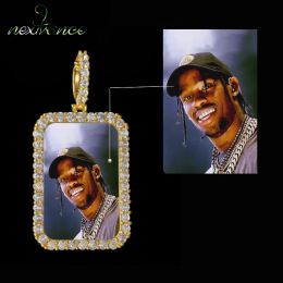 Necklaces Nextvance Custom Colour Photo with Square Pendant Necklace Cuban & Rope Chain Gold Colour Cubic Zircon Men's Hip Hop Jewellery