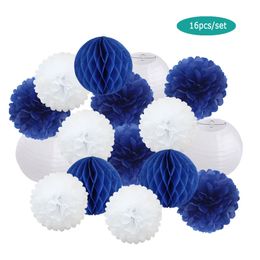 Kids Boy Comunion Party Favor Round Paper Lantern White Baby Baptism DIY Navy Blue Tissue Pompom Wedding Valentine Decor 240127