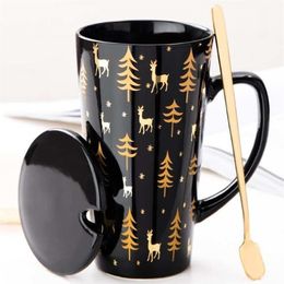 Creative Black White Mug Set Couple Cup with Lid Spoon Personality Milk Juice Coffee Tea Water Cups Easy Carry Travle Home Mug T20269s