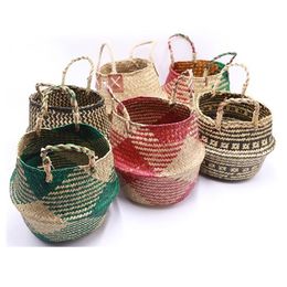 Seagrass woven basket flower pot folding laundry storage belly type natural grass plant holder foldable home decor321S