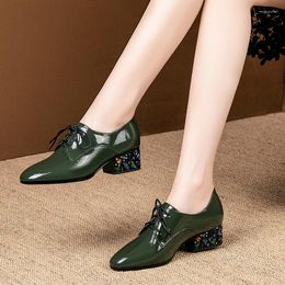 Dress Shoes Osunlina Woman's Pumps Round Toe Dark Green Patent Leather Lace Up 4cm High Square Crystal Heels Big Size 34-42 Work A231