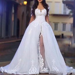 Novos vestidos de casamento elegantes com overskirt fora do ombro apliques mangas compridas vestidos de noiva de renda franzida com trem destacável