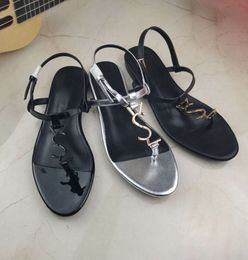 New arrival designer Flat sandals metal strip Black Patent Leather Women Tribute Real Leather Letter Sandals metal buckle women shoes beach flip flops slides 006