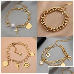 Chain 14K Yellow Gold Mtilayer Cross Charm Bracelet For Women Punk Street Heart Wrist Jewelry Gift Drop Delivery Bracelets Dht48