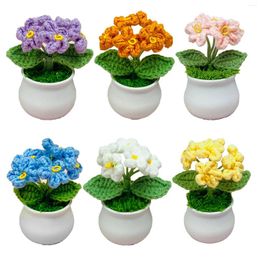 Decorative Flowers Potted Plant Fake Knitted Flower Bonsai Finished Hand Woven For Car Home Desktop Decor Gift Girl Women