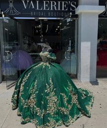 Elegant Shinny Spaghetti Green Quinceanera With Gold Appliques 2024 Ball Gown Sweet 16 Dresses Corset Princess Vestidos De 15 322