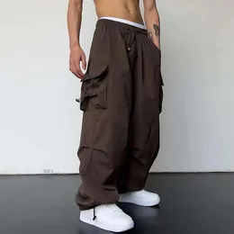 Men's Pants Drawstring Waistband Trousers Oversized Multi Pocket Cargo For Men With Elastic High Waist Crotch Soft Breathable Hop