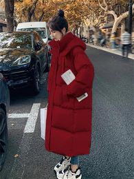 Women's Trench Coats Red Over Knee Down Cotton Jacket For Women In Winter 2024 Medium Length Thickened Bread Coat