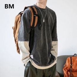 Japanese Streetwear Fake Two Sweatshirts Fashion Round Neck Loose Pullover Men Clothing Harajuku Top Hip Hop Casual Clothes 240131