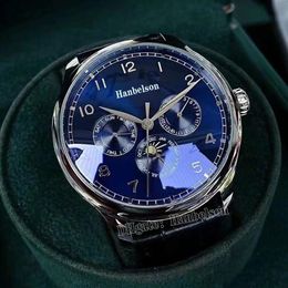 Mens WristWatch Moon Phase Automatic Mechanical Day Date Multifunction Watch Blue face Black leather strap Steel Case Uhr 44mm180o