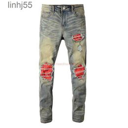 Men's Jeans Designer Clothing Amires Denim Pants Fog Amies Fashion Brand Wash Water Holes Do Old Red Patch Slimming Mens High StreYOJD