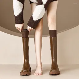 Boots 2024 Autumn/Winter Design Sense-True Soft Leather Round Head Thick Sole Knight Women's Fashion Retro Heel