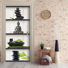 Home Decor DIY Door Sticker Buddha Flower Stone Self Adhesive Decal Paper for Living Room PVC Waterproof 3D Print Sticker Art T200267T