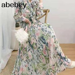 Casual Dresses 2024 Summer Women Bohemian Long Sleeve Dress Lace Up Bow High Waist Pleated Print A-line Big Skirt