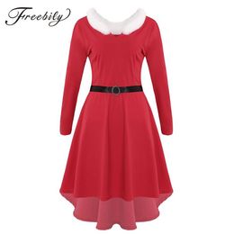 Women Christmas White Faux Fur Trimmings Long Sleeves High-low Hem Red Midi Dress with Belt Mrs Santa Claus Xmas Party Costume300R