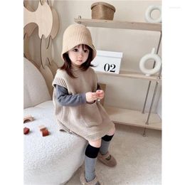 Clothing Sets Girls Spring Autumn Two Piece Big Pocket Hooded Sweater Knit Top Vest Undershirt Fashion Loose Soft All-match Outdoor