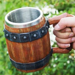 Mugs Beer Mug 600ML Resin Stainless Steel Retro Tankard Coffee Cup Imitation Wooden Deutschland Cask Brown Bar Personality
