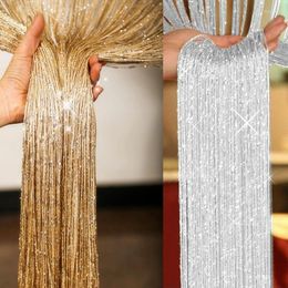 Curtain 1x2m Champagne White Shiny Tassel Silver Line String Valance Living Room Divider Wedding DIY Home Decor