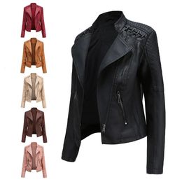 Women Fashion Lace-up Leather Jacket Slim Fit Spring Autumn Motorcycle Zipper Jacket 240131