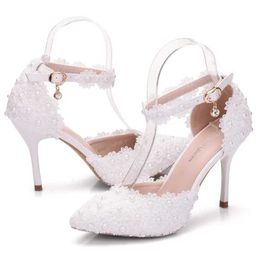 Dress Shoes Women Shoes High Heels Pumps Buckle Strap Hollow Lace Pointed Toe Thin Heels 9.5CM Woman White Wedding Shoes Office Lady Dress