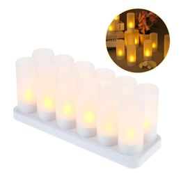Rechargeable LED Flickering Flameless Tealight Candles Lights with Frosted Cups Charging Base Yellow Light 4 6 12pcs set Y200531285W