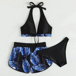 Women Bikini Three Piece Set Leaf Print Swimwear Black Background Color 7 Colors Halter Top with Brief/Trunk Size S-XXL 240119