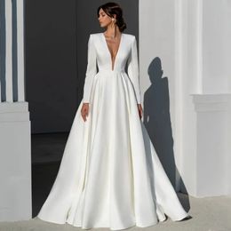 Stunningbride 2024 Simple Long A Line Wedding Dresses for Bride Full Sleeve V Neck Stain Backless Sexy Long Boho Beach Bridal Gowns