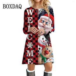 Casual Dresses Cartoon Santa Claus Plaid Print Dress Women Cute Party Christmas Snowman Winter 2024 Year Long Sleeve Oversize