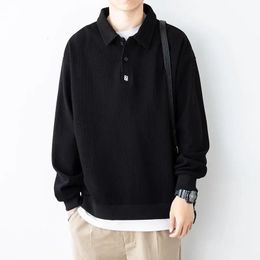Men's Clothing Baggy Black Top Polo T Shirt for Man Unicolor Sweatshirts Plain 90s Vintage Harajuku Fashion Long Sleeve Full It 240119