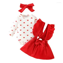 Clothing Sets Baby Girl Valentine's Day Clothes Heart Print Long Sleeve Romper With Suspender Skirt And Bow Headband Outfit