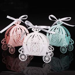 2019 50pcs Laser Cut Pumpkin Carriage Wedding Candy Favor Box Pearl Color Paper Candy Box Baby Shower Birthday Gift225P